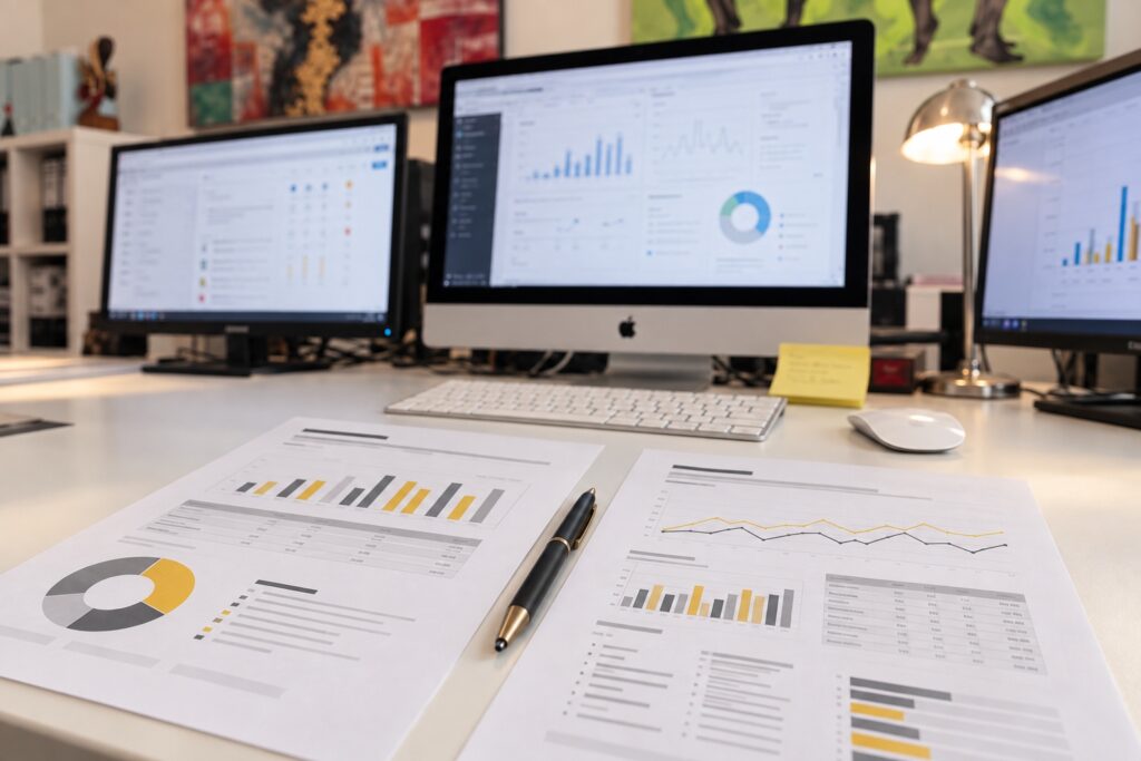 Documenti con grafici a confronto su una scrivania, davanti a una postazione con tre monitor.
